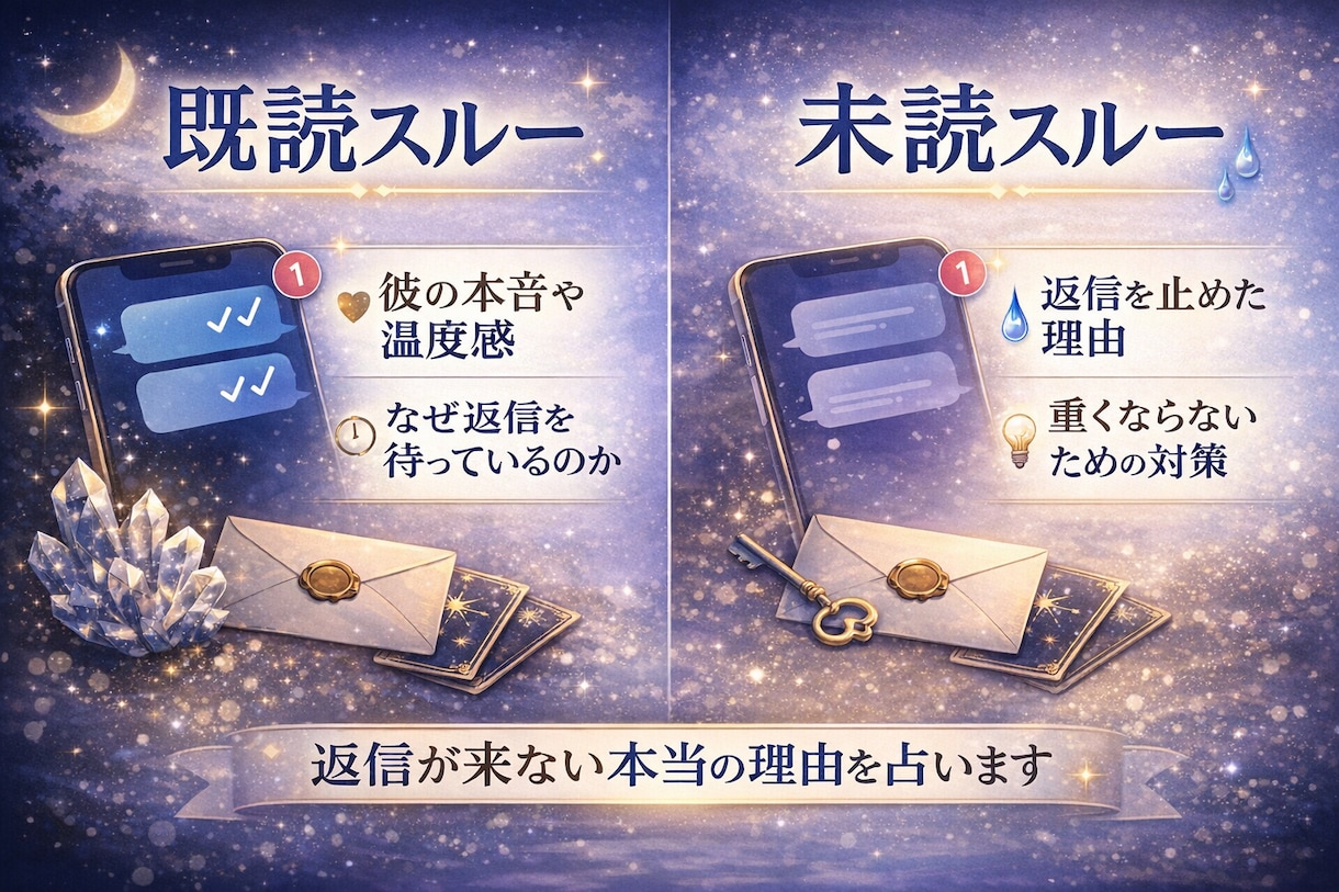 返信が来ない理由を占い、刺さる一通を作ります 返事が来ないのは、嫌われたからじゃなく“理由”がある。 イメージ2