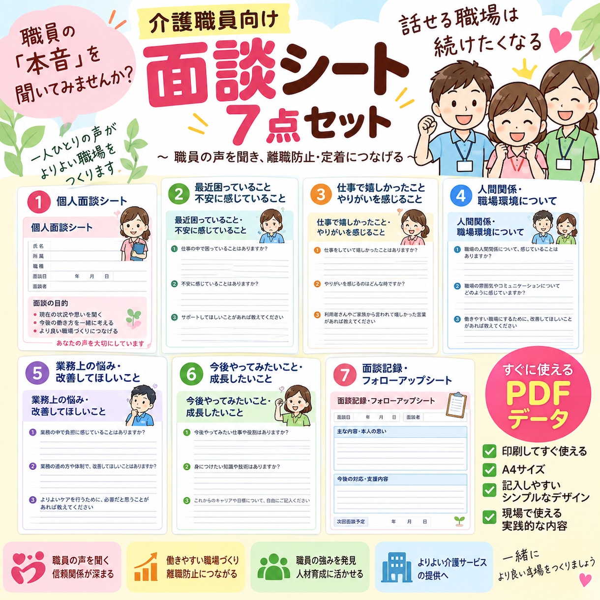 介護職員向け面談シート7点セットを作成します 職員の声を聞き離職防止・定着につなげる実践的な面談ツール イメージ1
