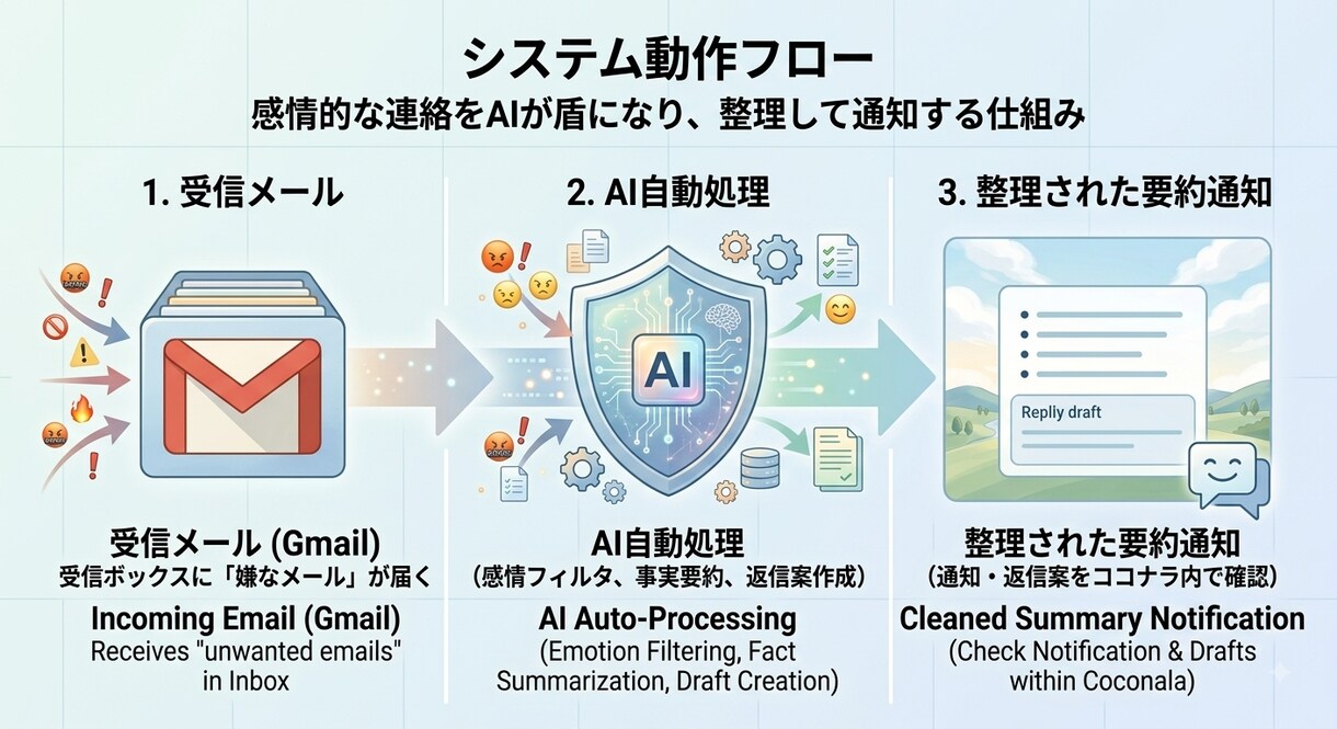 嫌な連絡の要約と返信案作成をAIで自動化します 対人ストレスを軽減。顧客対応に疲弊するあなたを守るAI構築 イメージ3