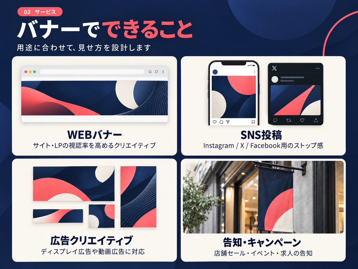 目を止めるSNS・Webバナーを制作します AIを活用し、商品の魅力が伝わるバナーを丁寧に制作します イメージ3