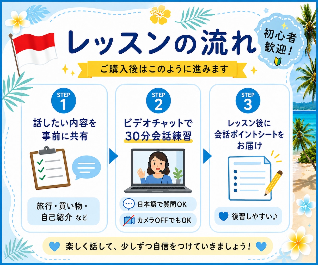 駐在・帯同・留学前に◎インドネシア語を練習します 初心者歓迎｜日本語で質問OK・30分から気軽に会話練習 イメージ3