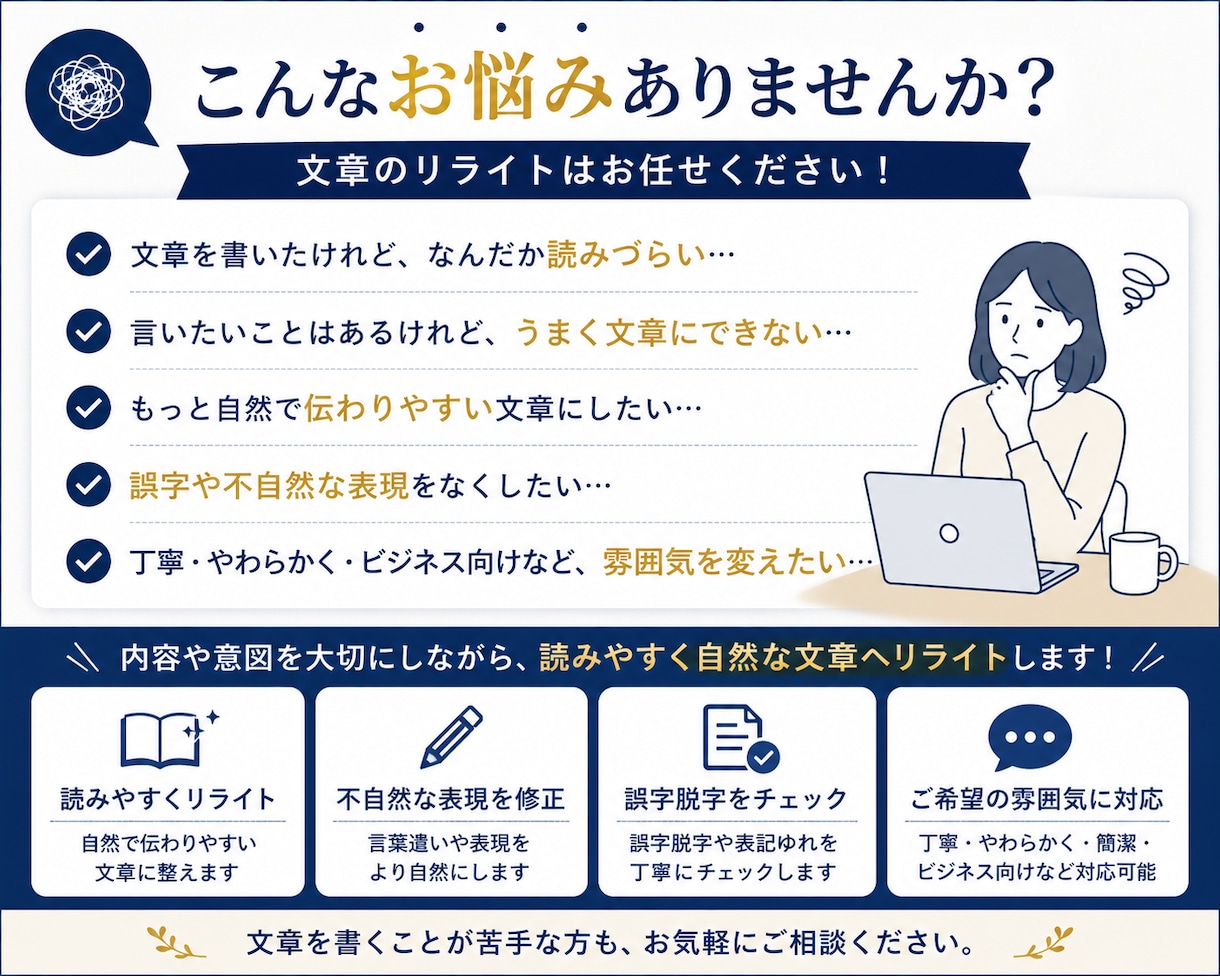 文章が苦手な方の文章を読みやすく整えます あなたの想いを自然で読みやすい文章に整えます イメージ2