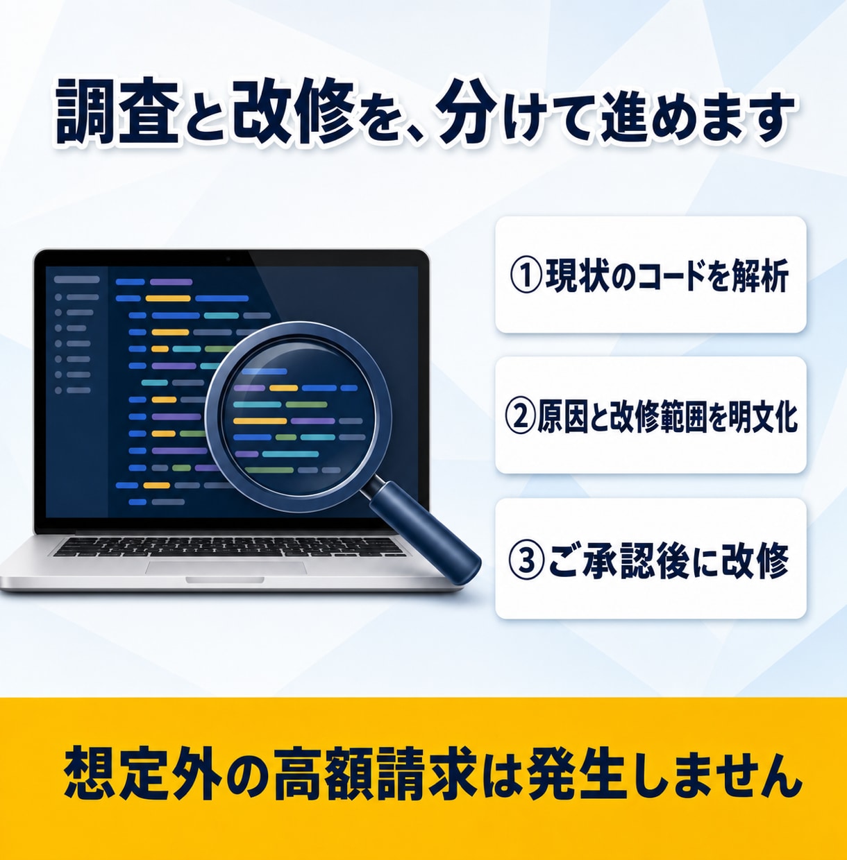 前任者と連絡取れないシステム改修します 解析と改修の工程を分けて進める、安心設計の改修代行をします イメージ13