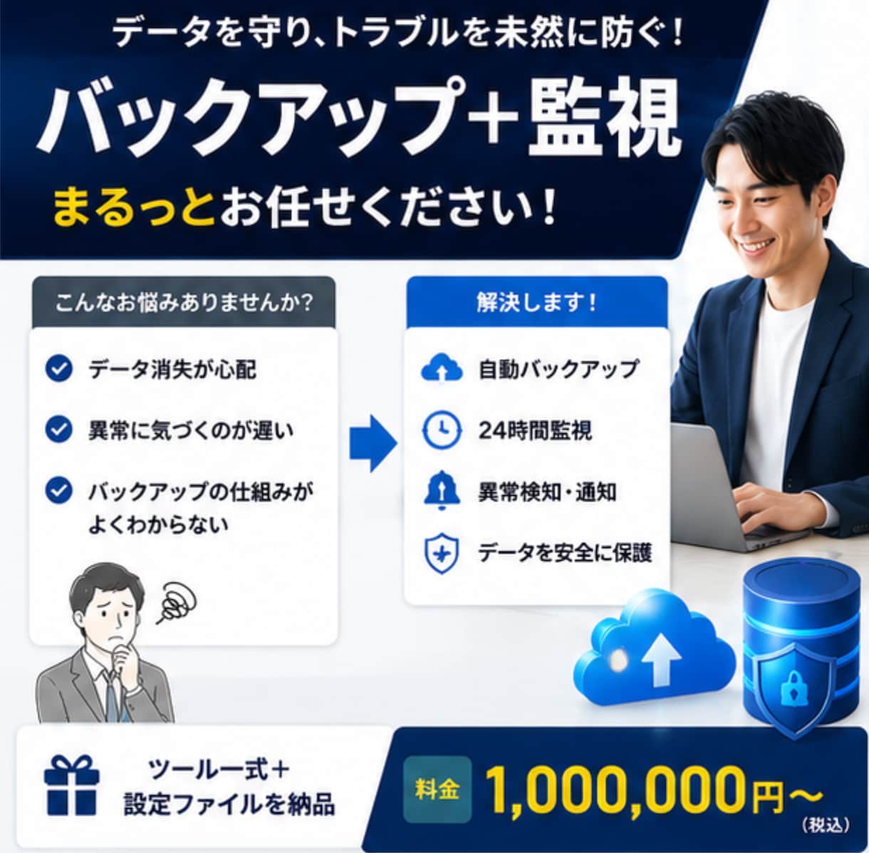 バックアップとサーバー監視を同時導入します 障害検知とバックアップを同時自動化します イメージ1