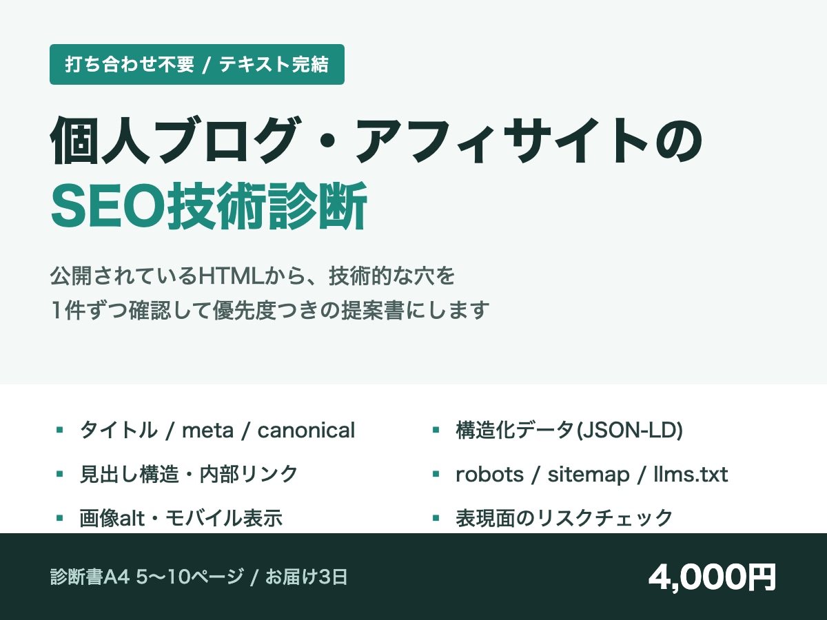 個人ブログ・アフィサイトのSEO技術診断をします 打ち合わせ不要｜優先度つきの改善提案書をお渡しします イメージ1