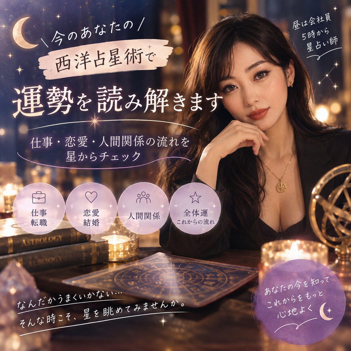 西洋占星術で今のあなたの運勢を読み解きます 仕事・恋愛・人間関係の流れを星からチェック イメージ1