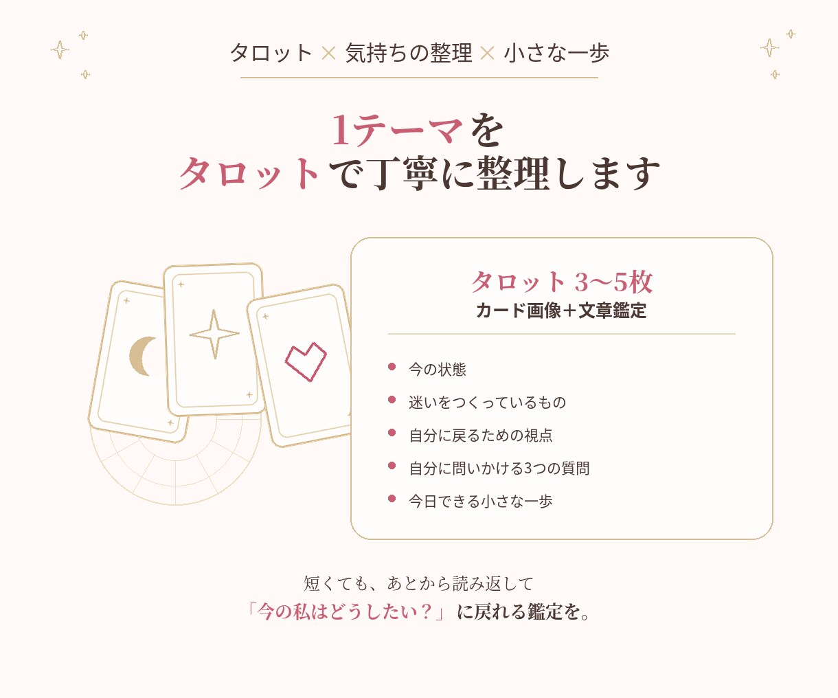 迷っている気持ちをタロットで整理します 答えを決めるのではなく、自分に戻る視点と小さな一歩を届けます イメージ5