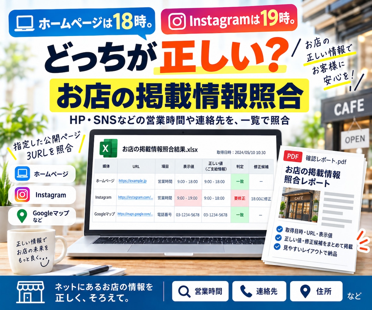 お店の掲載情報の食い違いを調べます HP・SNSなどの営業時間や連絡先を、一覧で照合 イメージ1
