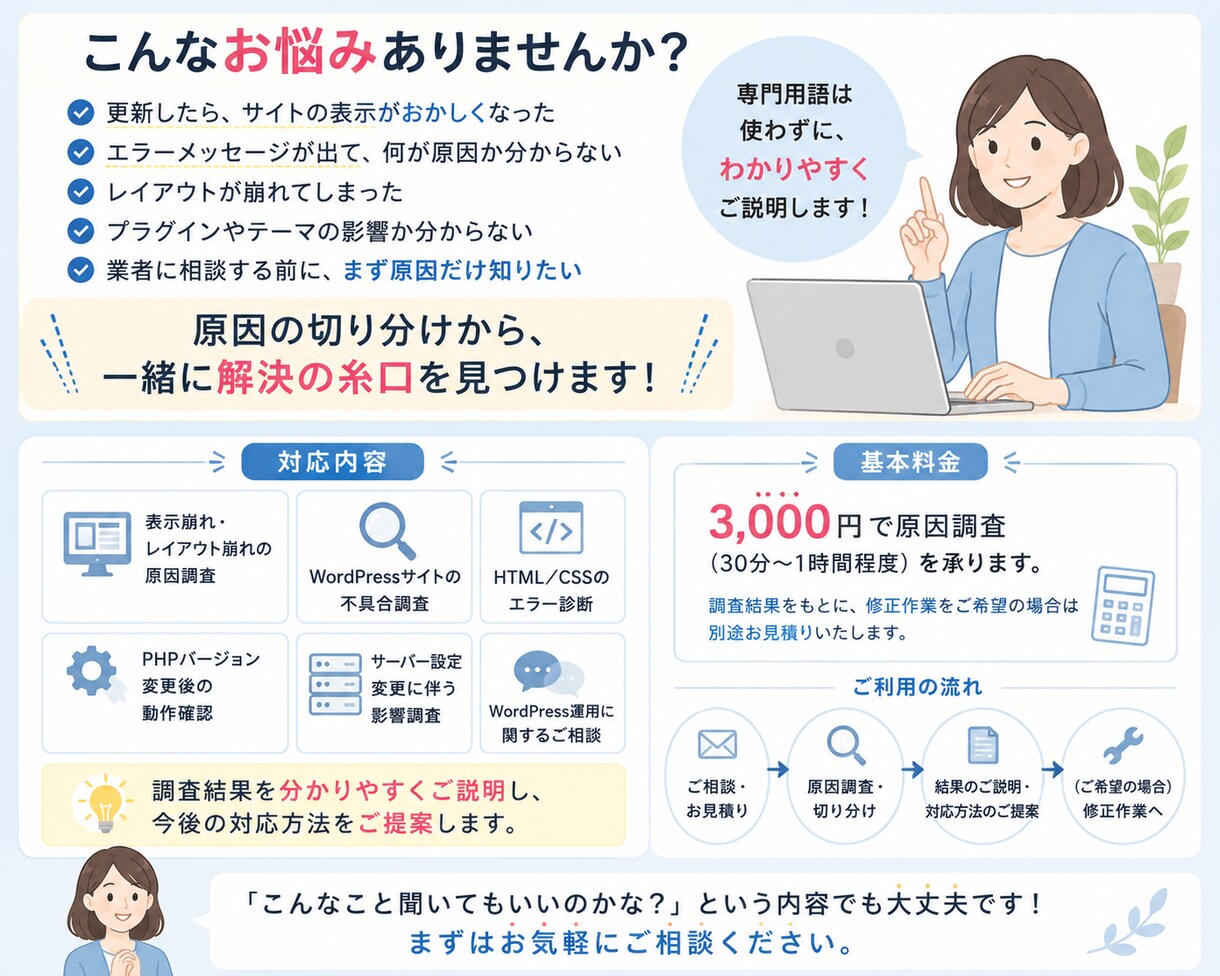 WordPressサイトのお困りごと相談承ります ホームページの「原因不明」を一緒に調査します イメージ2