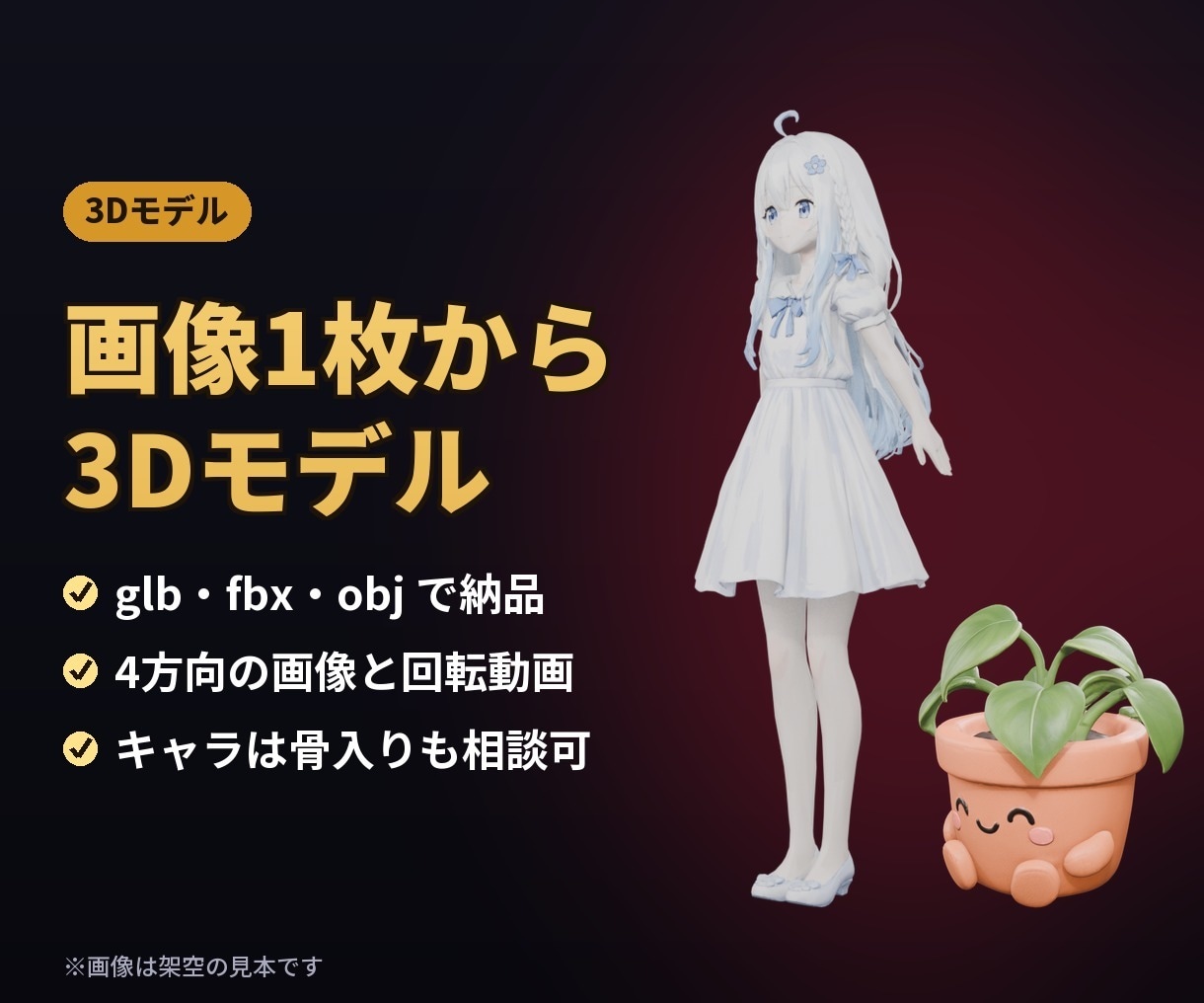 画像1枚から3Dモデルと回転動画を作ります glb・fbx・obj＋4方向の画像と一周する動画 イメージ1