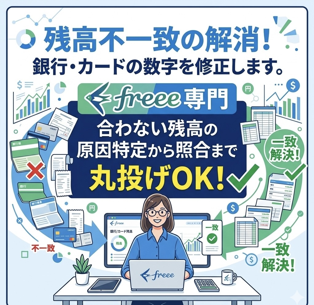残高不一致の解消！銀行・カードの数字を修正します freee専門。合わない残高の原因特定から照合まで丸投げOK イメージ1