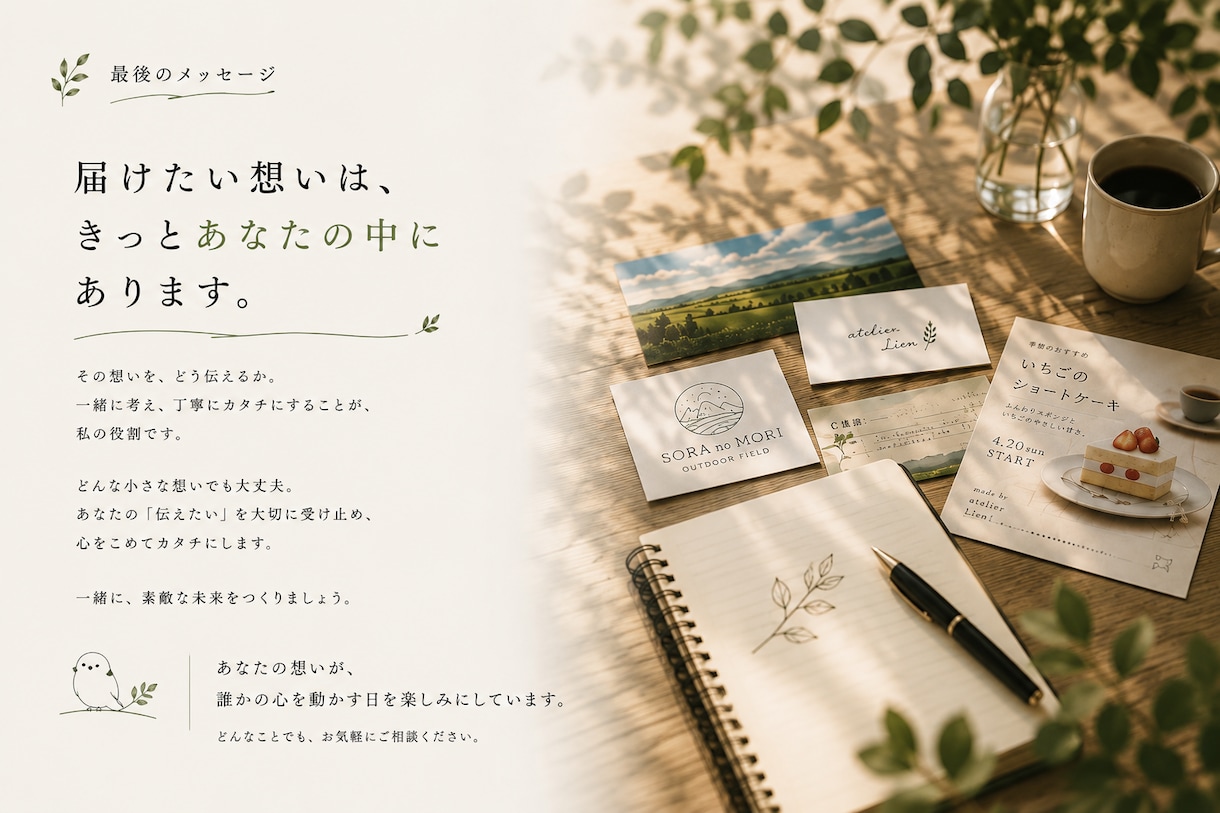 伝えたい想いを形にします 「こんなの作れたらいいな。」その想いから一緒に始めましょう。 イメージ9