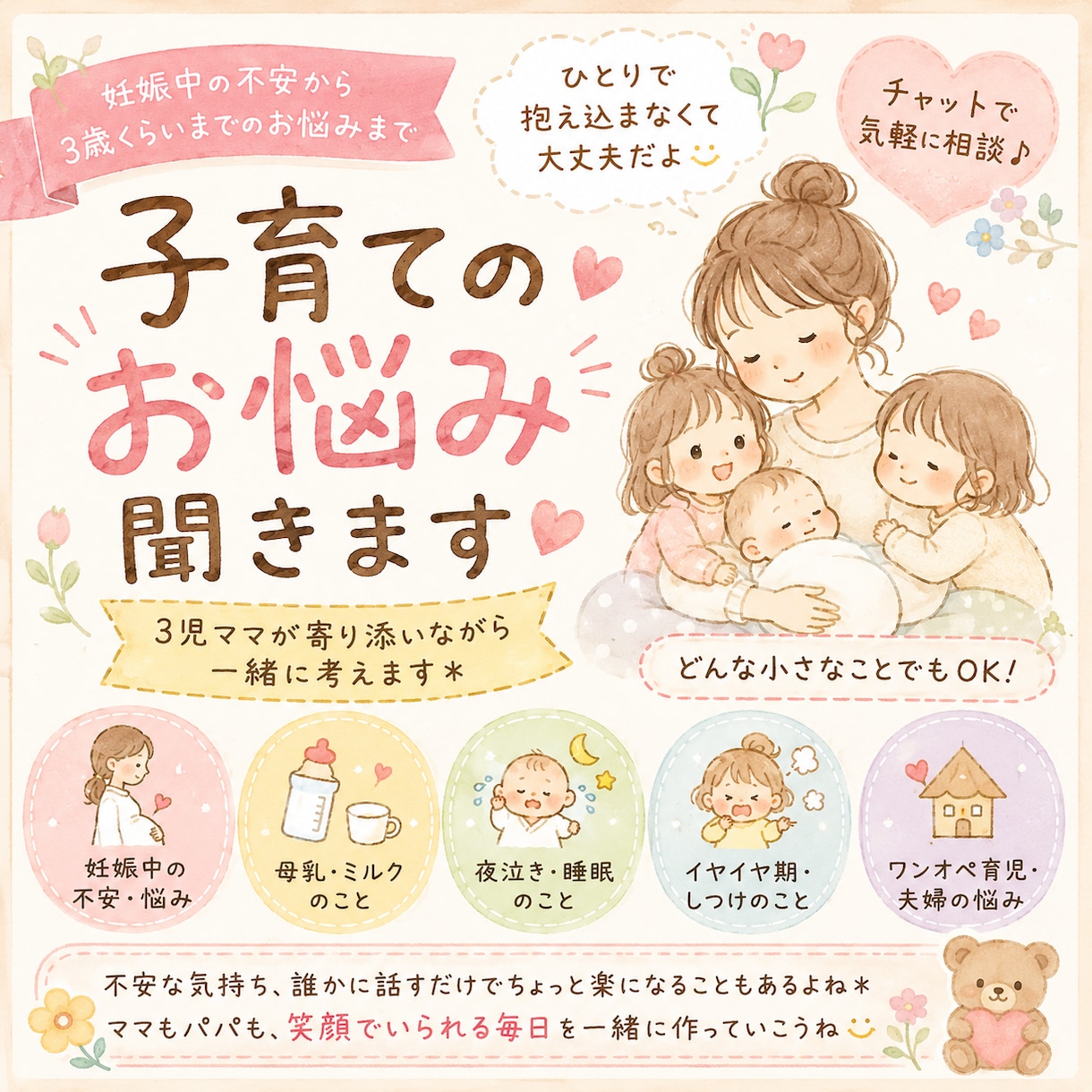 妊娠〜子育てのお悩み何でも聞きます 頑張るママ・パパが明日も笑顔で過ごせますように… イメージ1