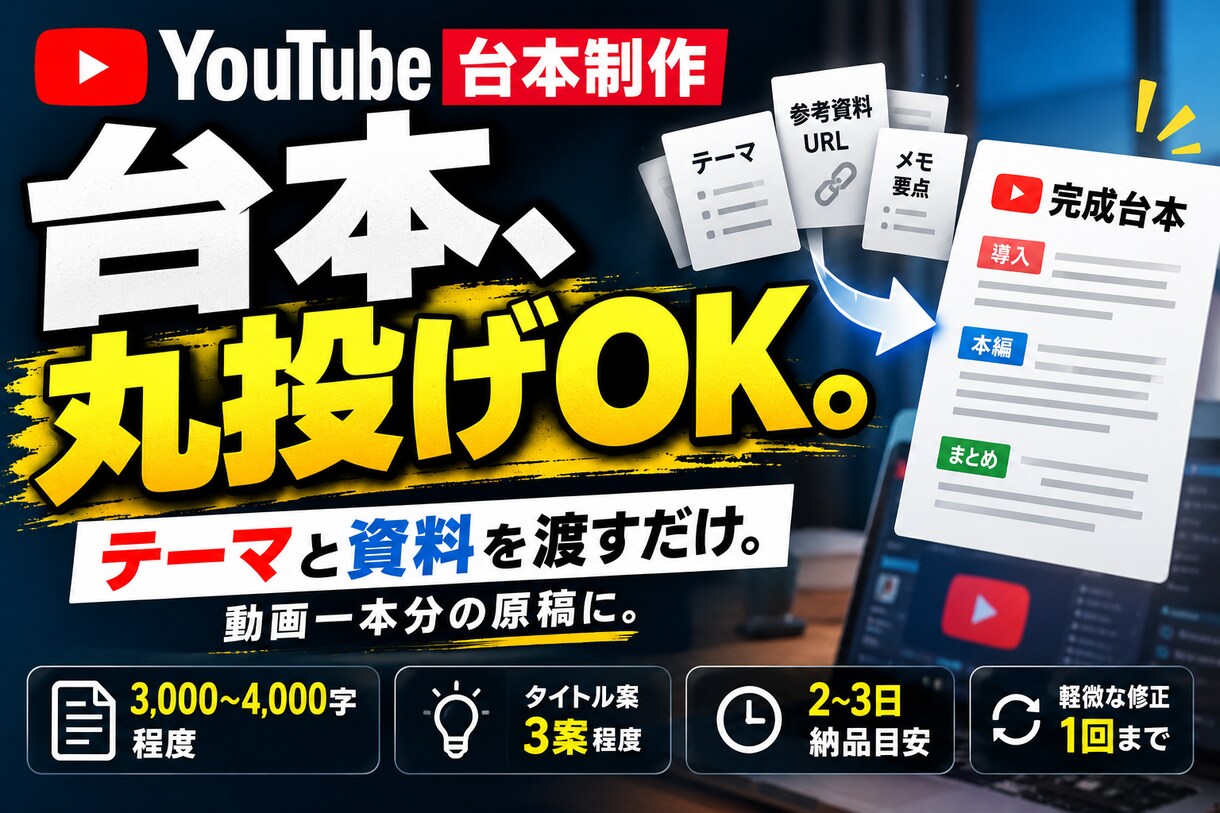台本が書けなくてもOK！YouTube台本作ります テーマと資料を渡すだけ。動画一本分の原稿に。 イメージ1