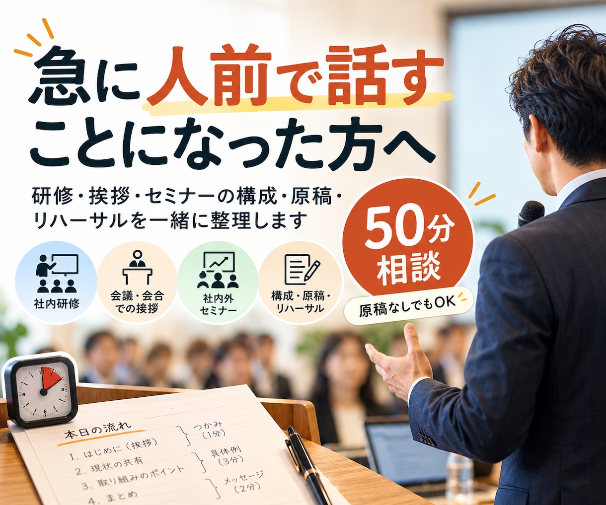 急に人前で話すことになった方の相談に乗ります 研修・挨拶・セミナー構成、原稿、本番リハまで一緒に整理します イメージ1