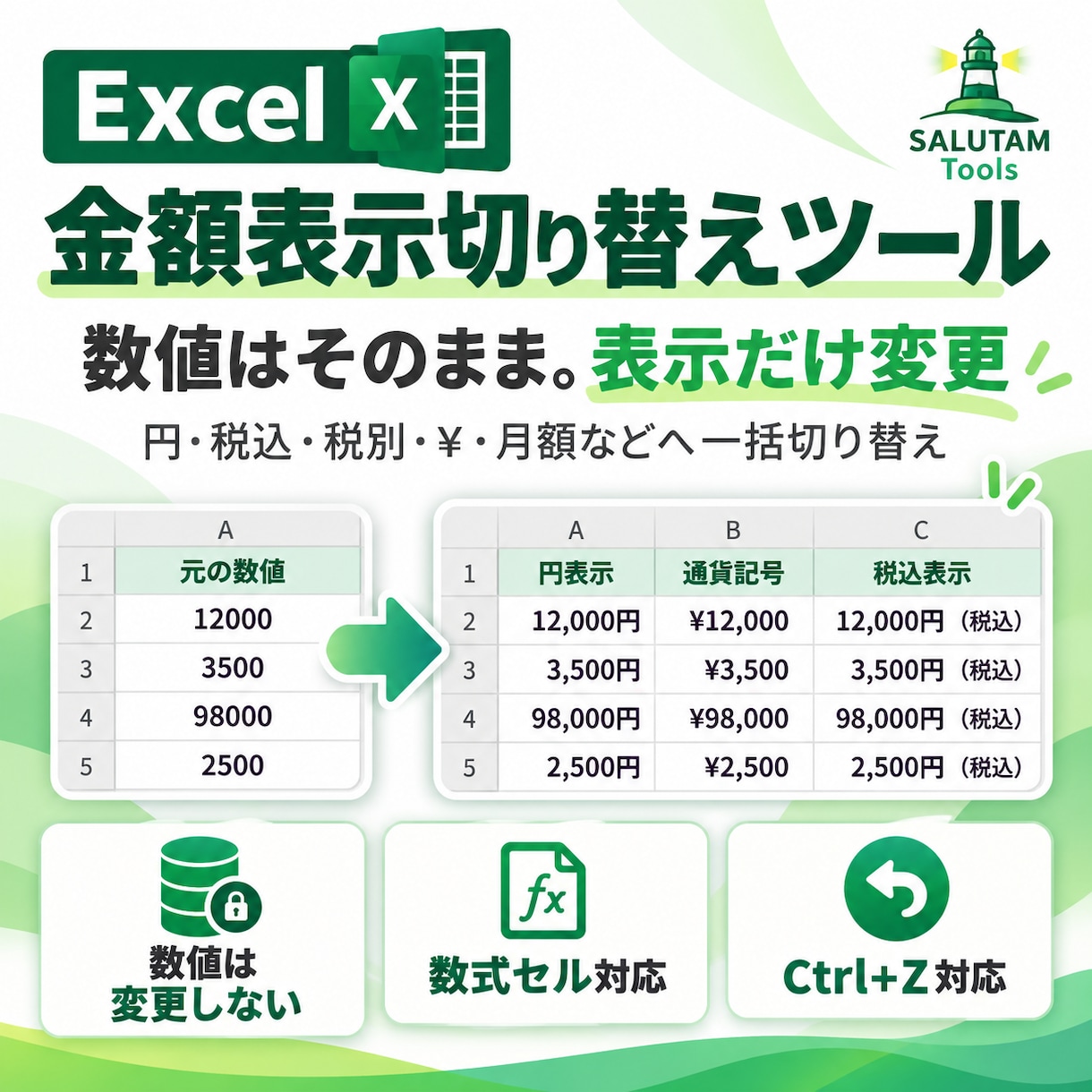 Excelの金額表示をまとめて切り替えます 数値はそのまま。円・税込・税別・¥・月額などの表示を一括変更 イメージ1