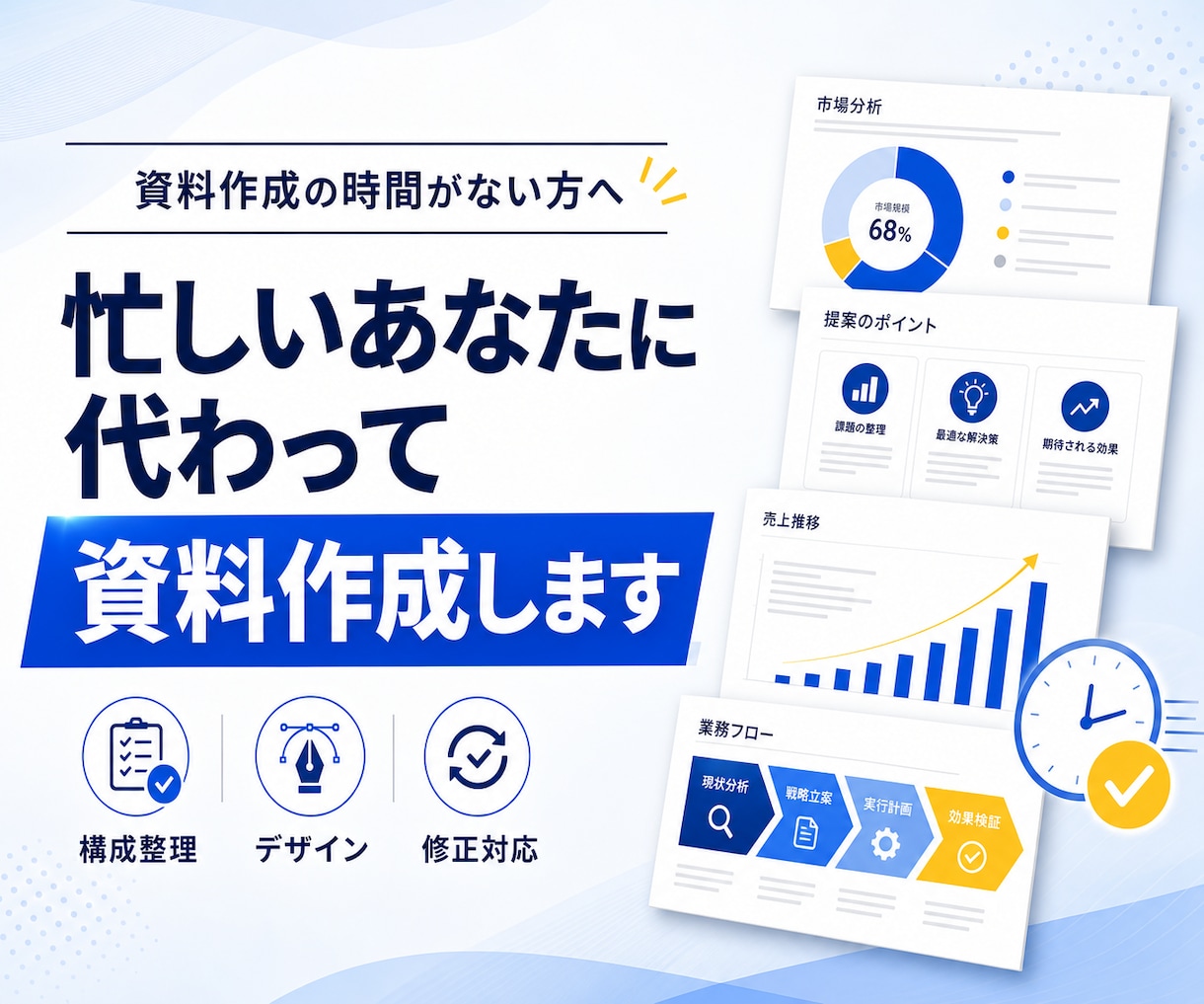忙しいあなたに代わって資料作成します 構成整理からデザインまで、伝わる資料に仕上げます イメージ1