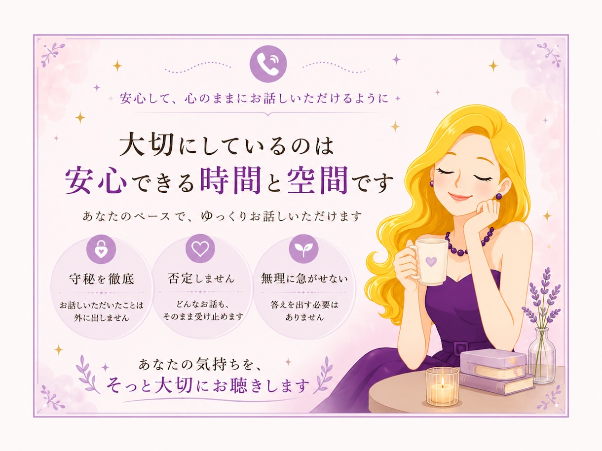 あなたのお話をゆっくり丁寧にお聴きします 誰にも言えない気持ちも安心してお話しください イメージ2