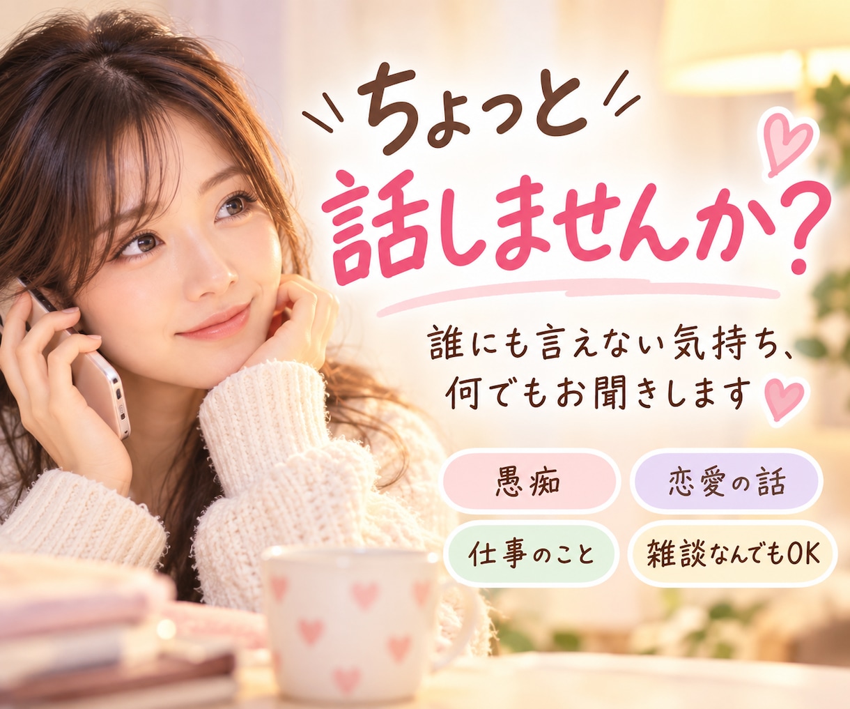 愚痴・恋愛・雑談♡どんなお話でもお聞きします 眠れない夜や寂しい時にも♪否定せずゆっくりお話を聞きます イメージ1