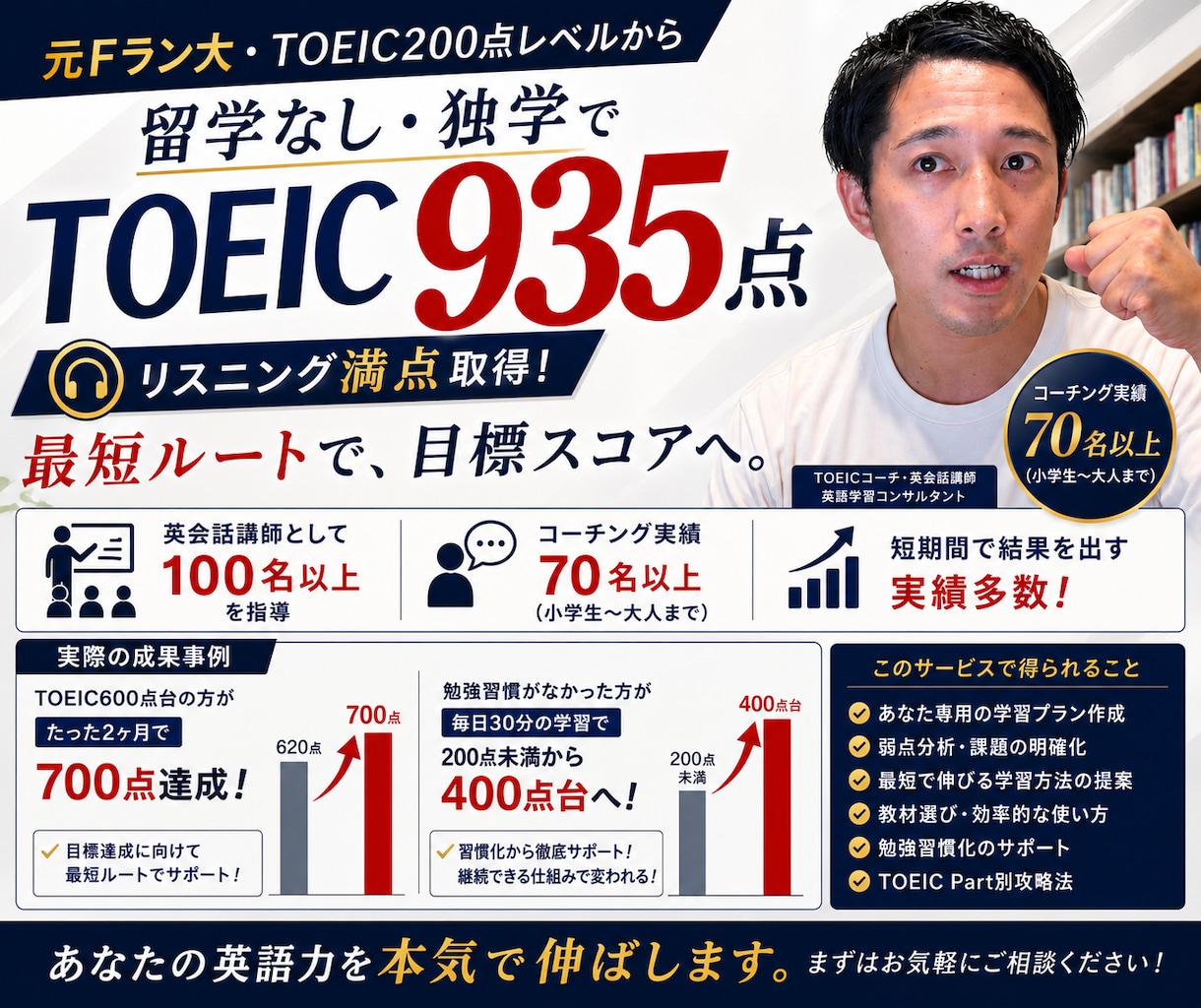 留学なし独学で伸ばした勉強法で徹底指導します 遠回りしない。あなただけのオリジナル最短ルートを。 イメージ1