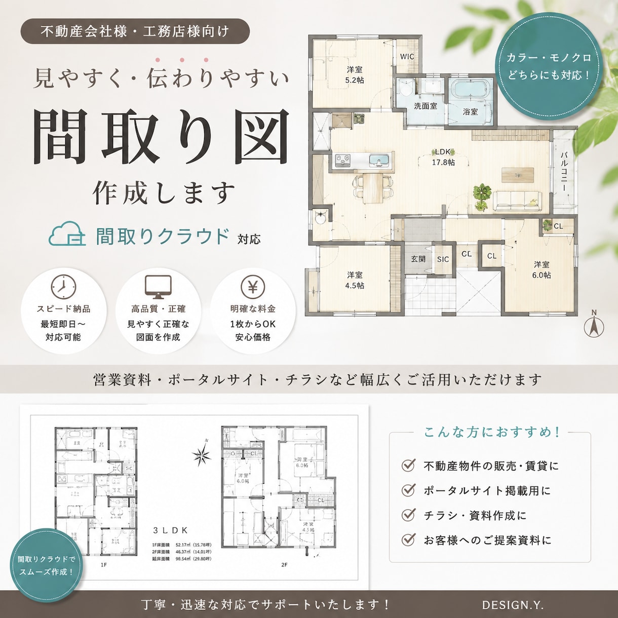 間取り図【1フロア@1500】で作成致します 手書きのデータでもOK/良い感じにお作りします(^^) イメージ1