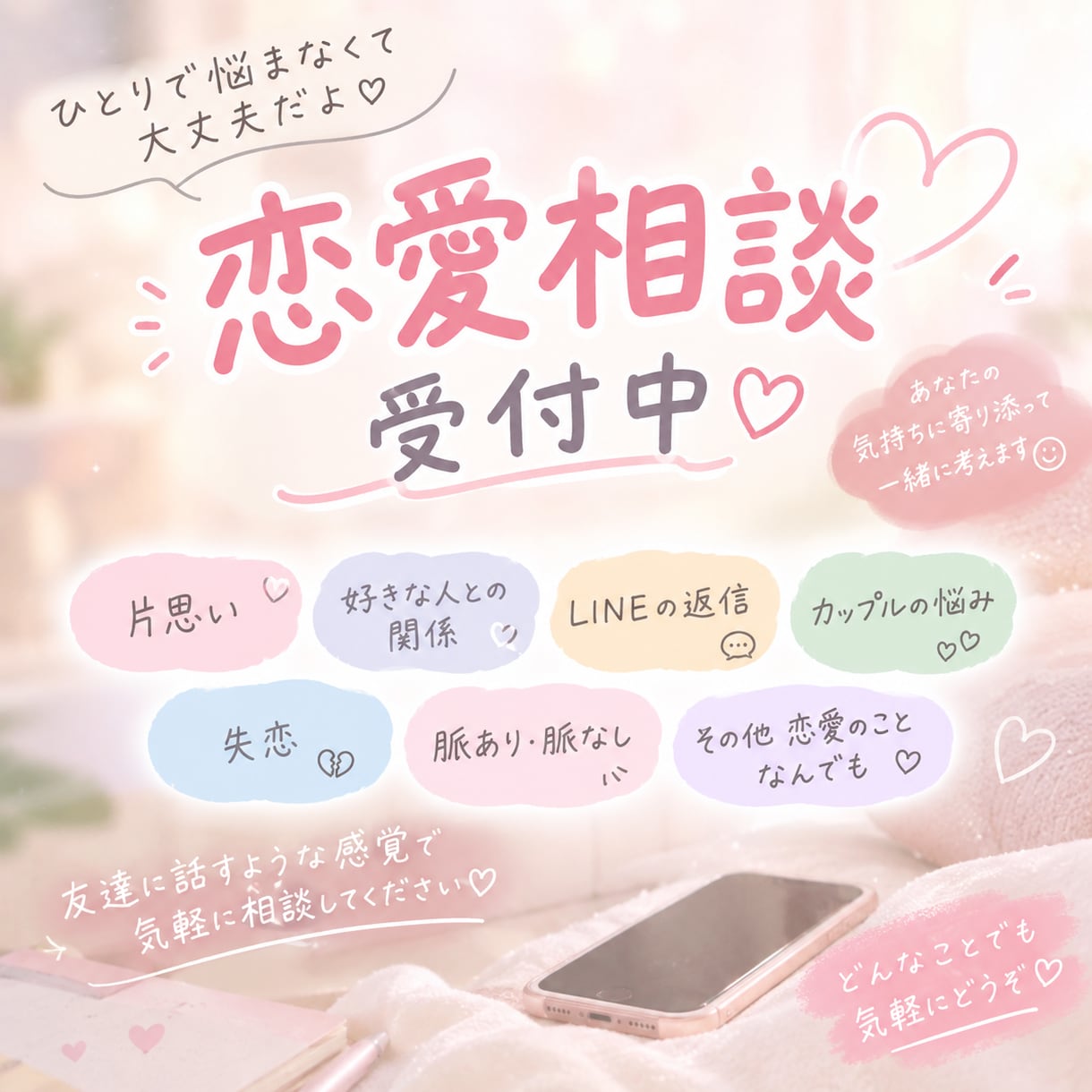 友達感覚で誰にも言えない悩みなどなんでもききます ひとりで抱えてしまう悩み、もう悩まなくて大丈夫！ イメージ1
