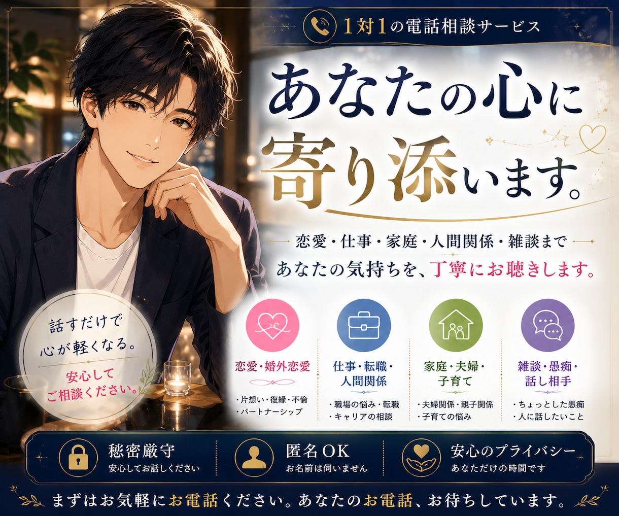 イケボで優しくあなたの話を聴きます 誰にも言えない悩みも大丈夫。優しい声であなたを元気にします。 イメージ1