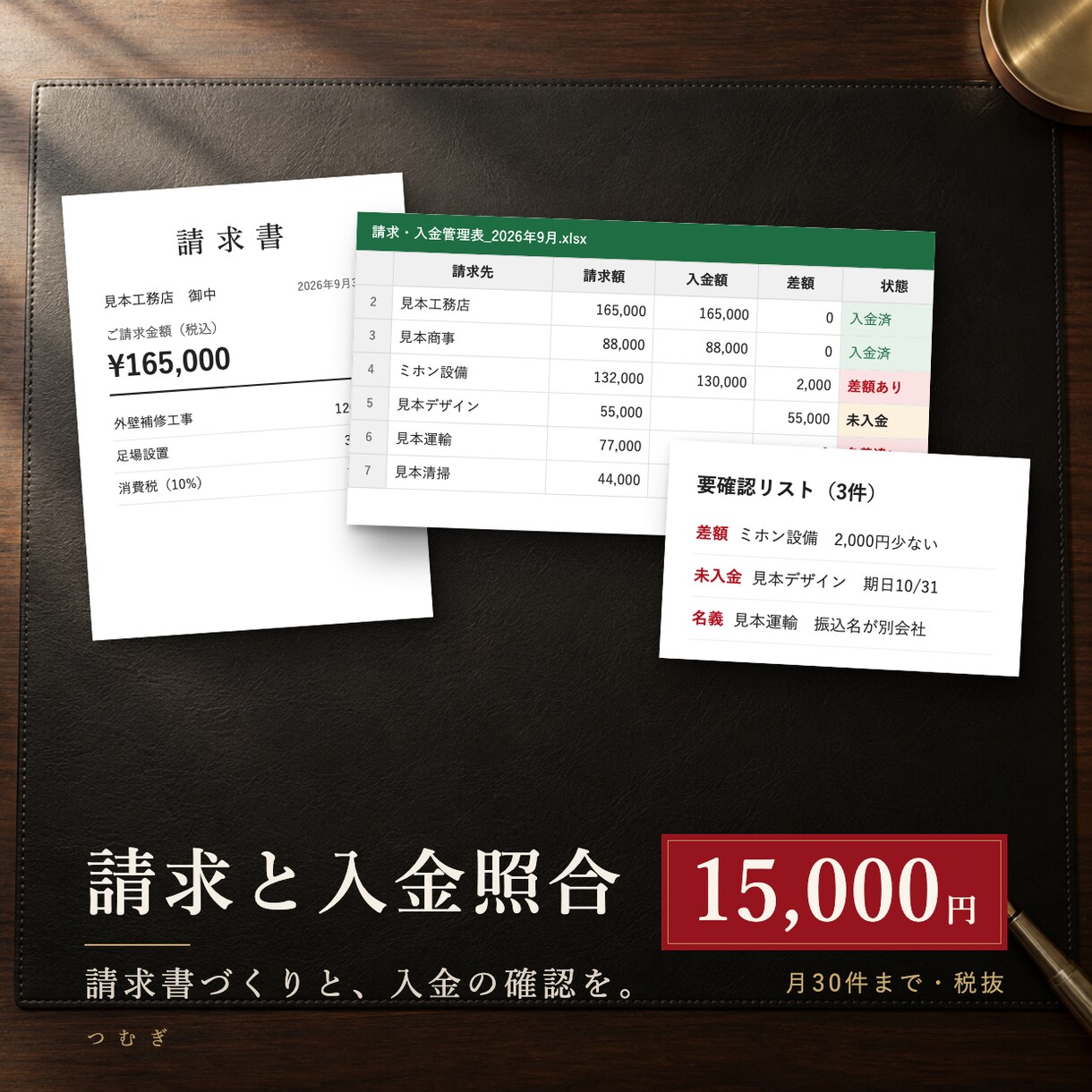 毎月の請求書作成と入金照合を代行します 請求30件まで。請求書PDF・入金一覧・要確認リスト イメージ1