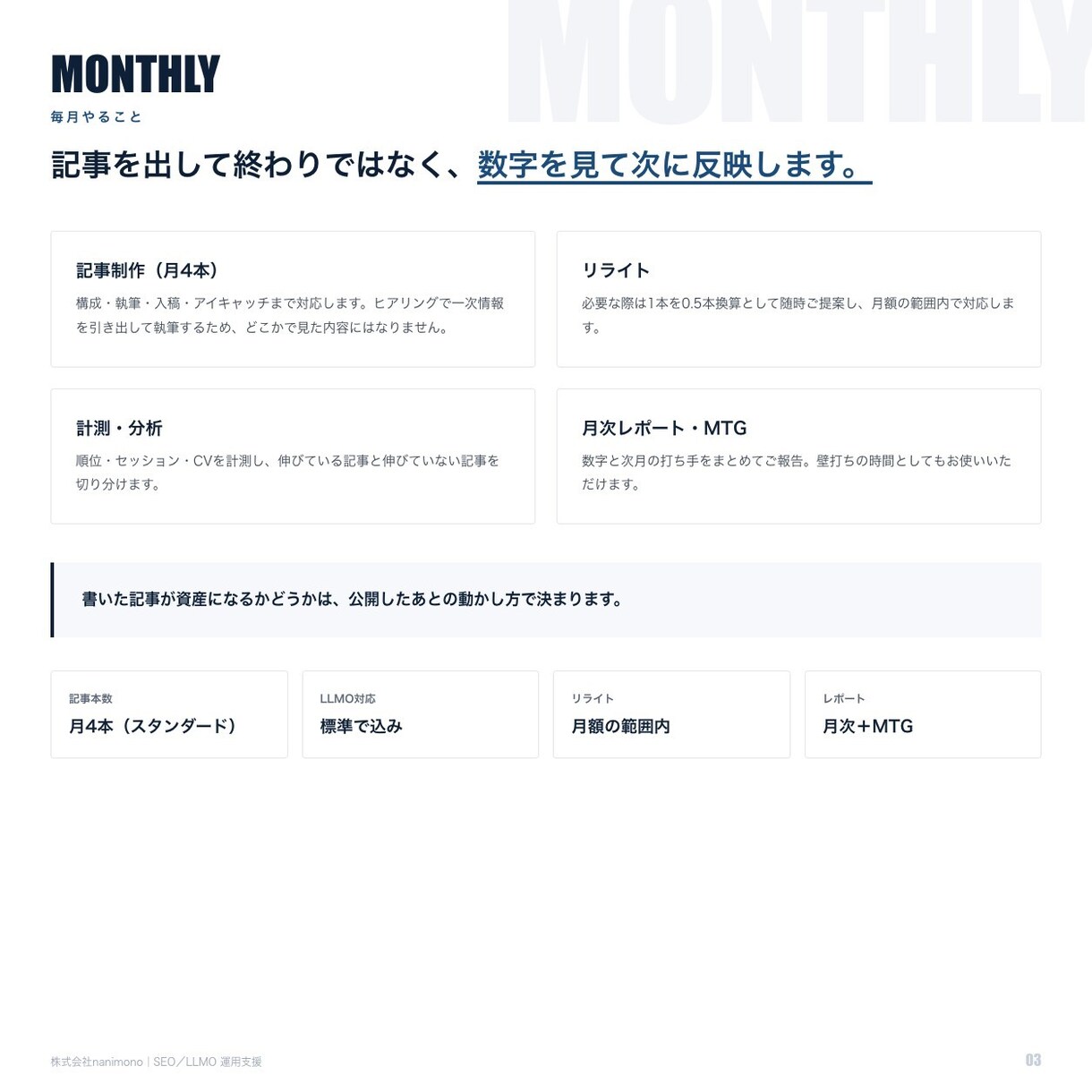 SEO・LLMOの運用支援を毎月実施します 月4本の記事制作／計測・リライト・LLMO対応まで込み イメージ3