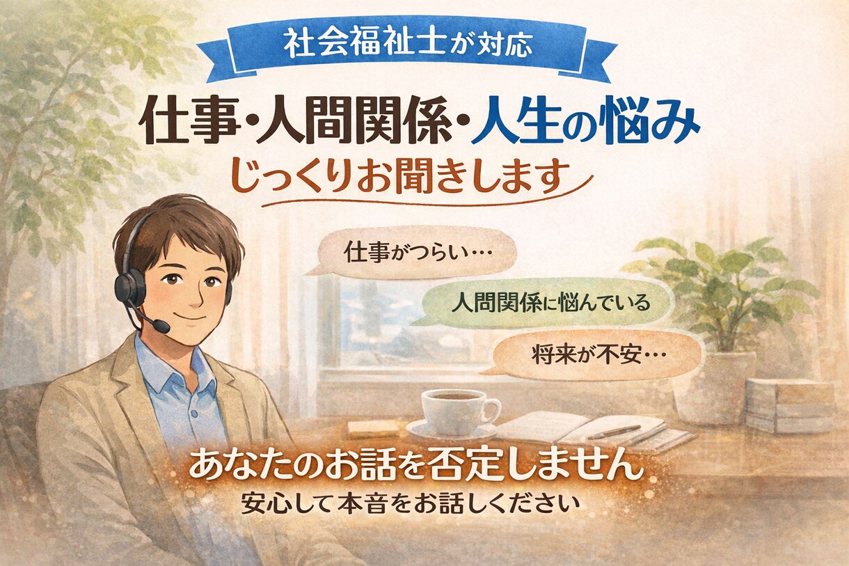 社会福祉士が人間関係・人生の悩みをお聞きします 絶対にあなたを否定せず、安心して話せる時間を提供します。 イメージ1