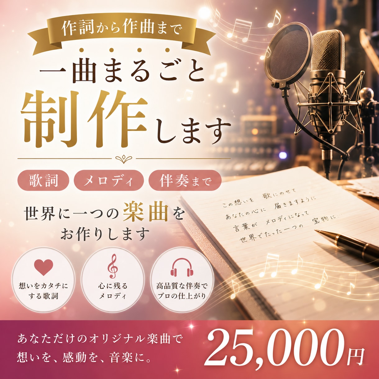 作詞から作曲まで一曲まるごと制作します 歌詞・メロディ・伴奏まで世界に一つの楽曲をお作りします イメージ1