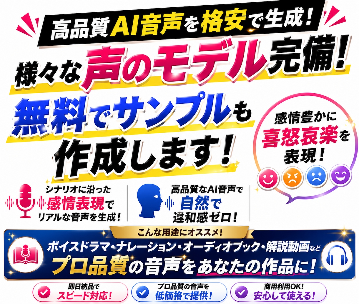 感情豊かなAI音声であなたのシナリオを読み上げます 商用フリーで著作権も譲渡します。 イメージ1