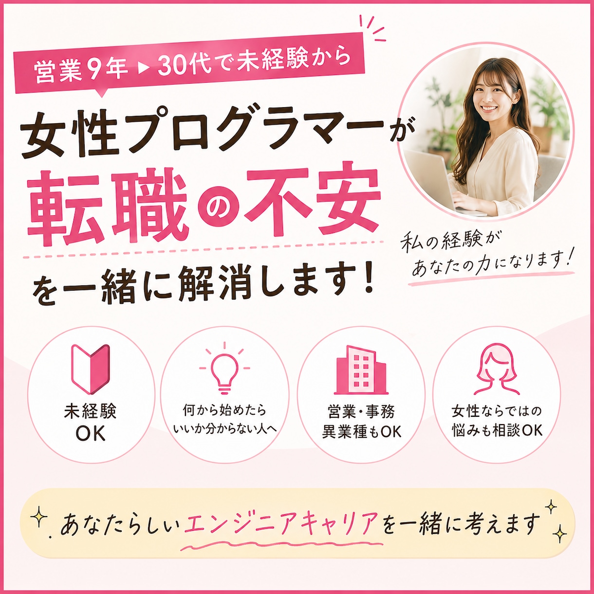 女性現役エンジニアが未経験転職相談にのります 営業職から未経験でエンジニア転職した私が全力でサポートします イメージ1