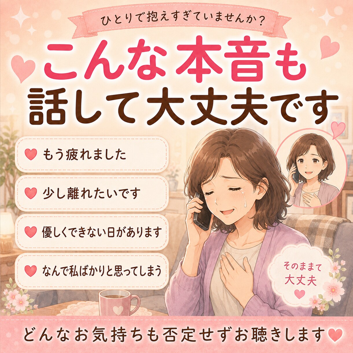 仕事・家事・親の介護に疲れたあなたのお話聴きます 誰にも言えない介護の本音、否定せずお聴きします イメージ3