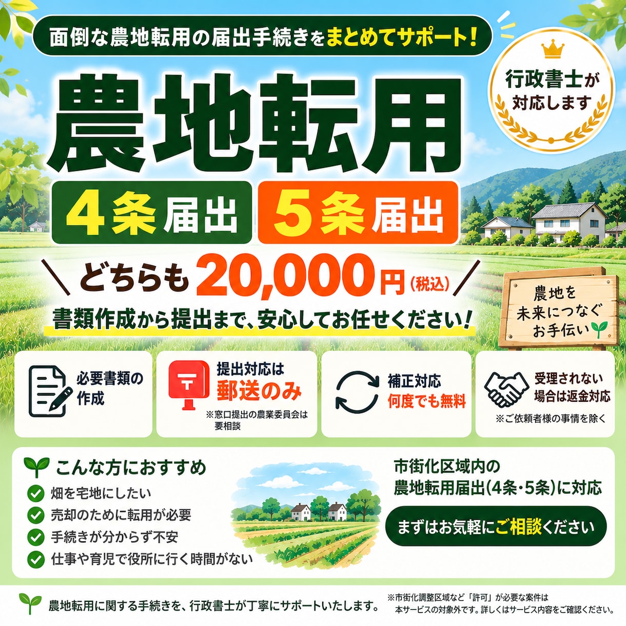農地転用【4条・5条届出】書類作成します 市街化区域内の農地転用｜4条・5条届出の作成から提出まで イメージ1
