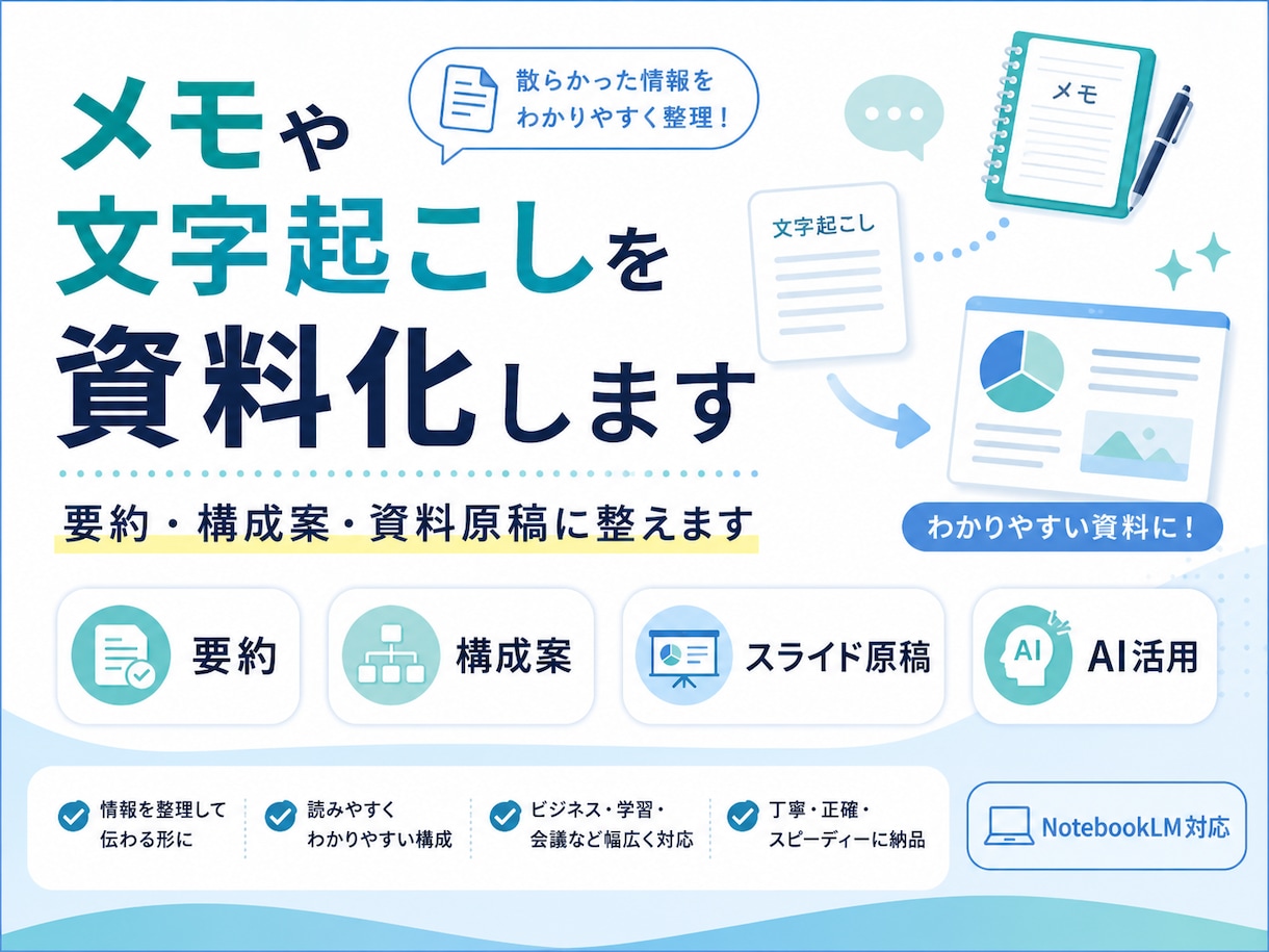 メモ・文字起こし・PDFを資料化します 情報の整理はお任せください。あなたのの負担を減らします。 イメージ1