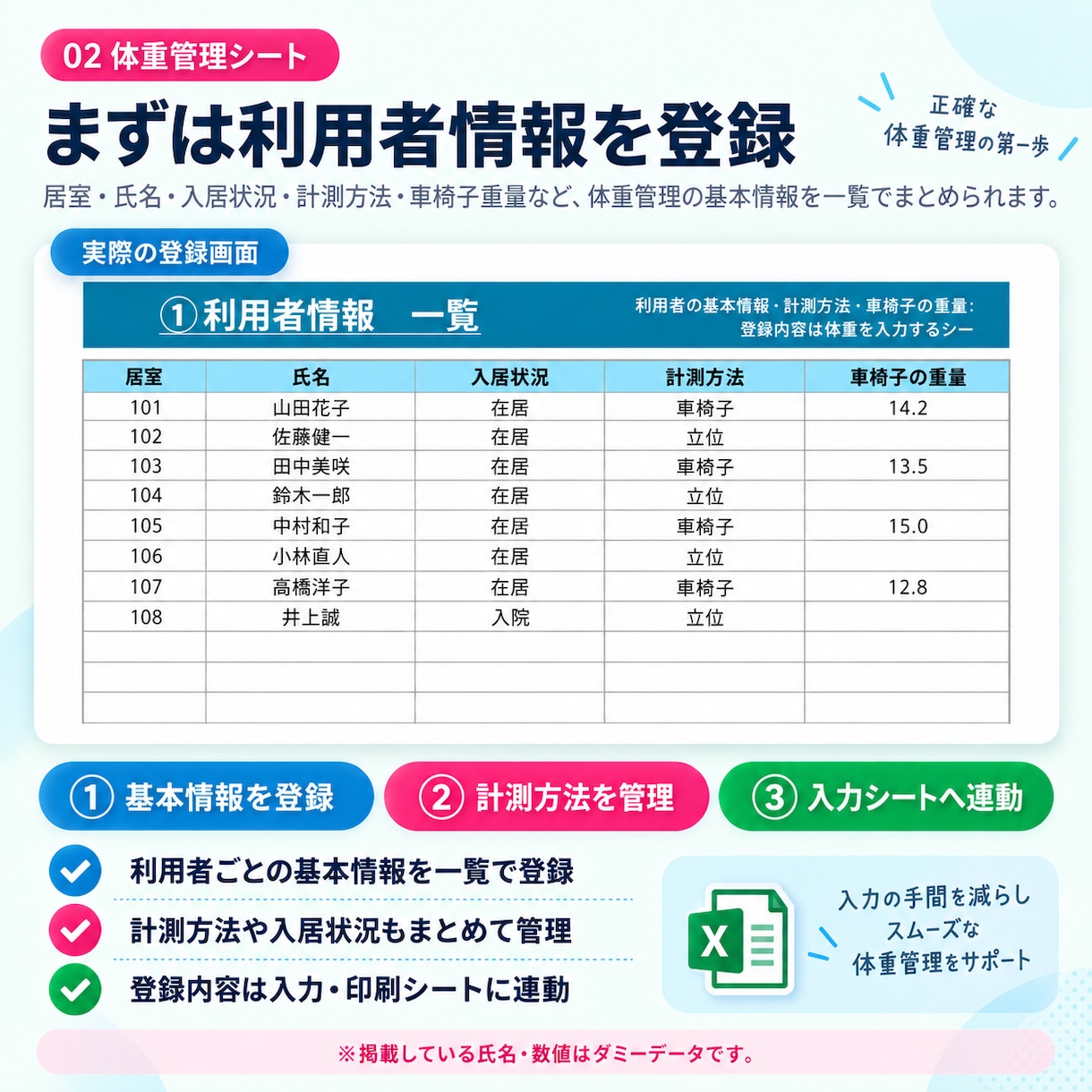 介護施設向け）体重管理Excelを提供します 一覧入力・個別入力・前月比・履歴グラフ・印刷まで自動化 イメージ2