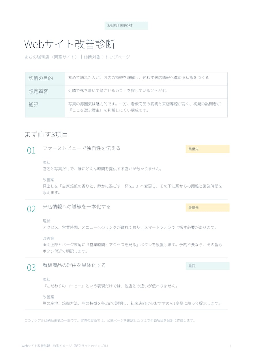 Webサイトを診断し改善案を15項目届けます 優先順位と文章案つきの改善レポートをPDF納品 イメージ2