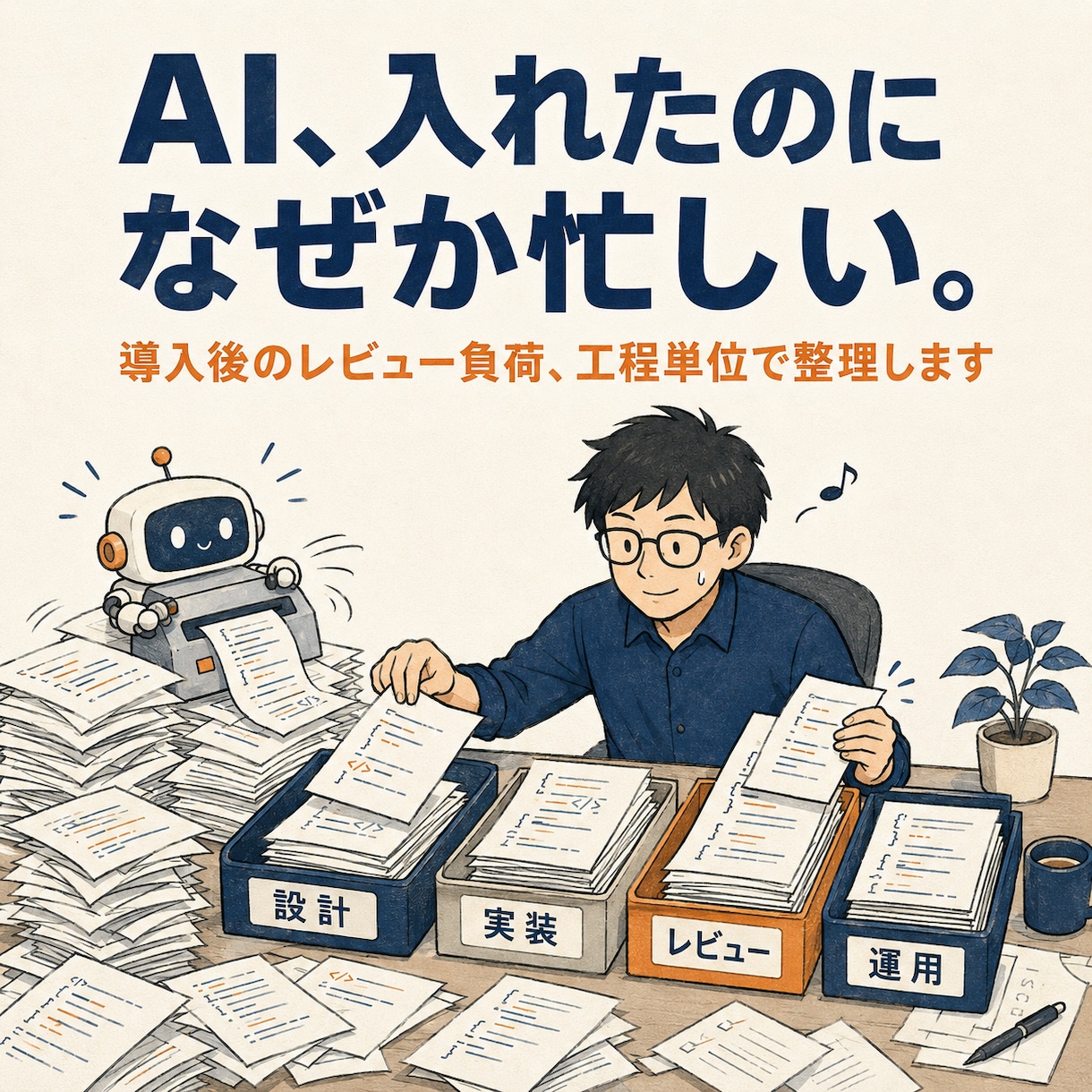 AI駆動開発の始め方とレビュー負荷を整理します 何から始める? 導入後のレビュー負荷? 整理から始めます イメージ1