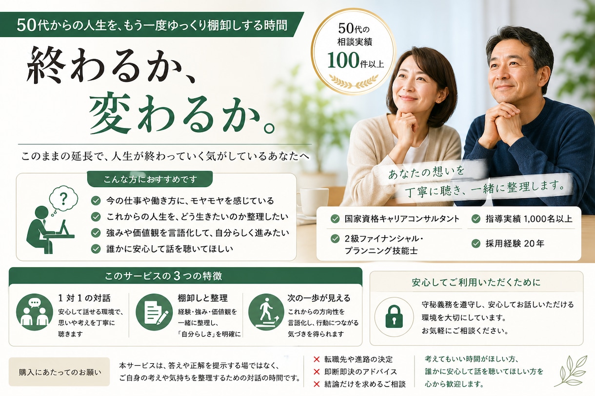 50代のキャリア相談と人生後半設計に伴走します 年間400件面談｜元金融31年のキャリコンが本音を言語化 イメージ1