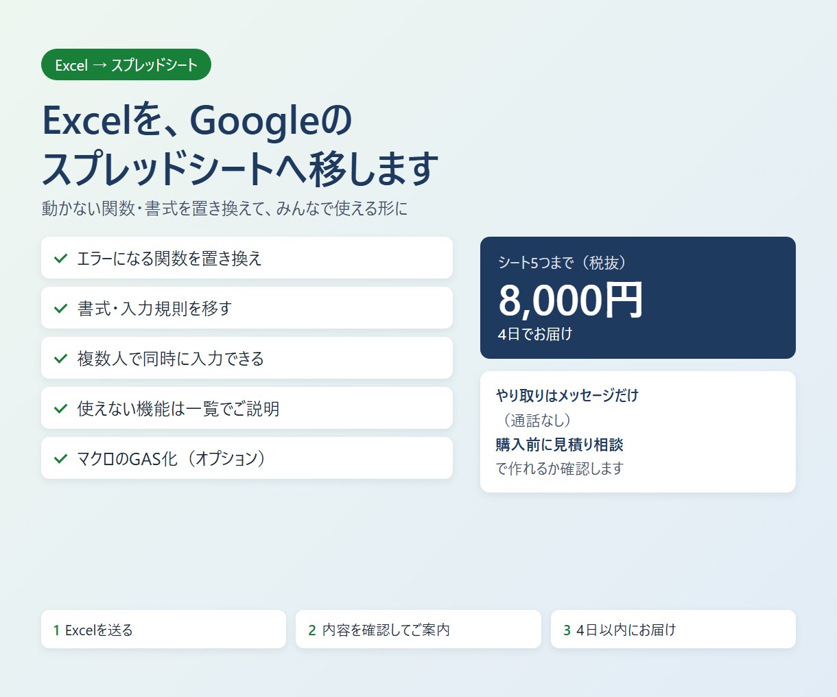 ExcelをGoogleスプレッドシートへ移します 関数・マクロを置き換えて、スプレッドシートで動く形に イメージ1