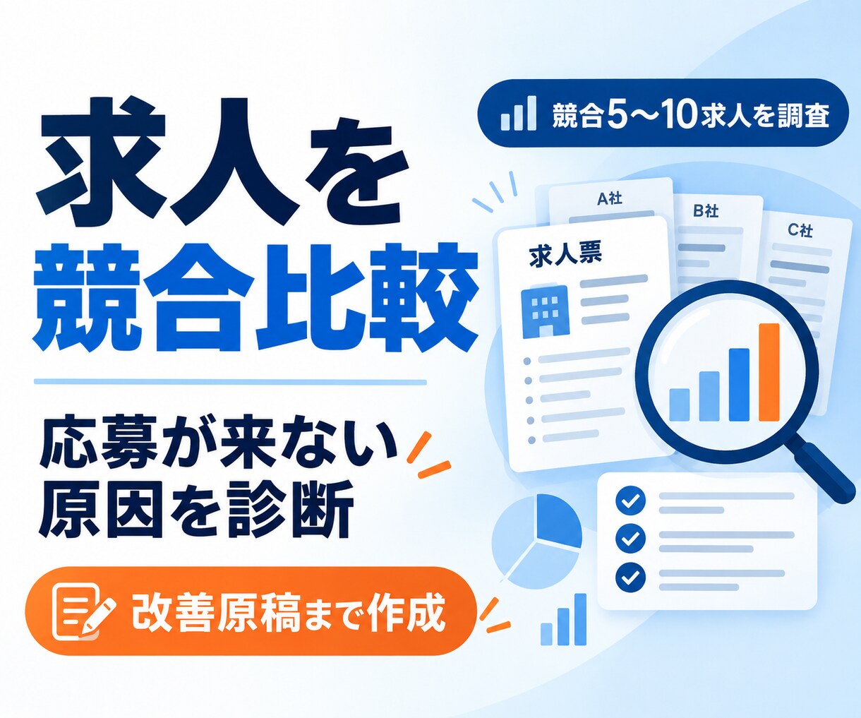 求人を競合比較し応募が来ない原因と原稿を作成します 競合求人と比較し、問題点を整理。改善後の原稿まで納品します。 イメージ1