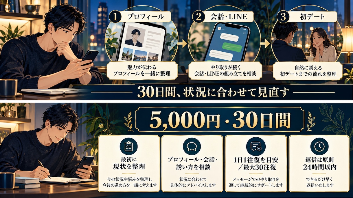 マッチングアプリから初デートまで30日伴走します プロフィール・会話・誘い方を男同士で一緒に見直す イメージ2
