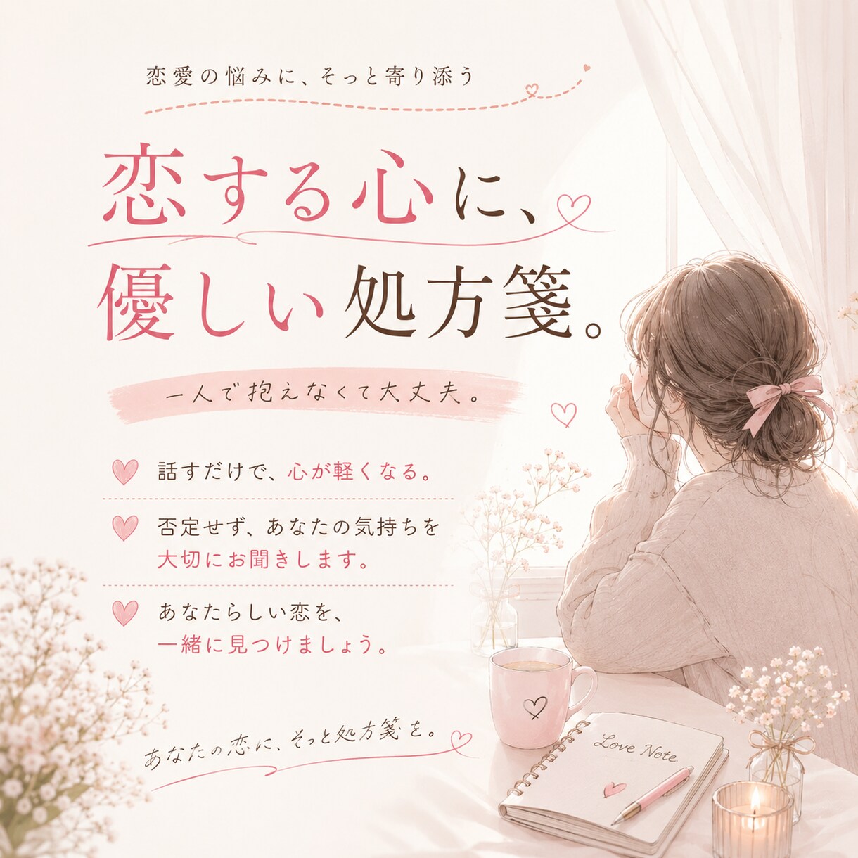 恋愛のお悩み、心を込めてお聞きします あなたの恋に、そっと処方箋を。 イメージ1