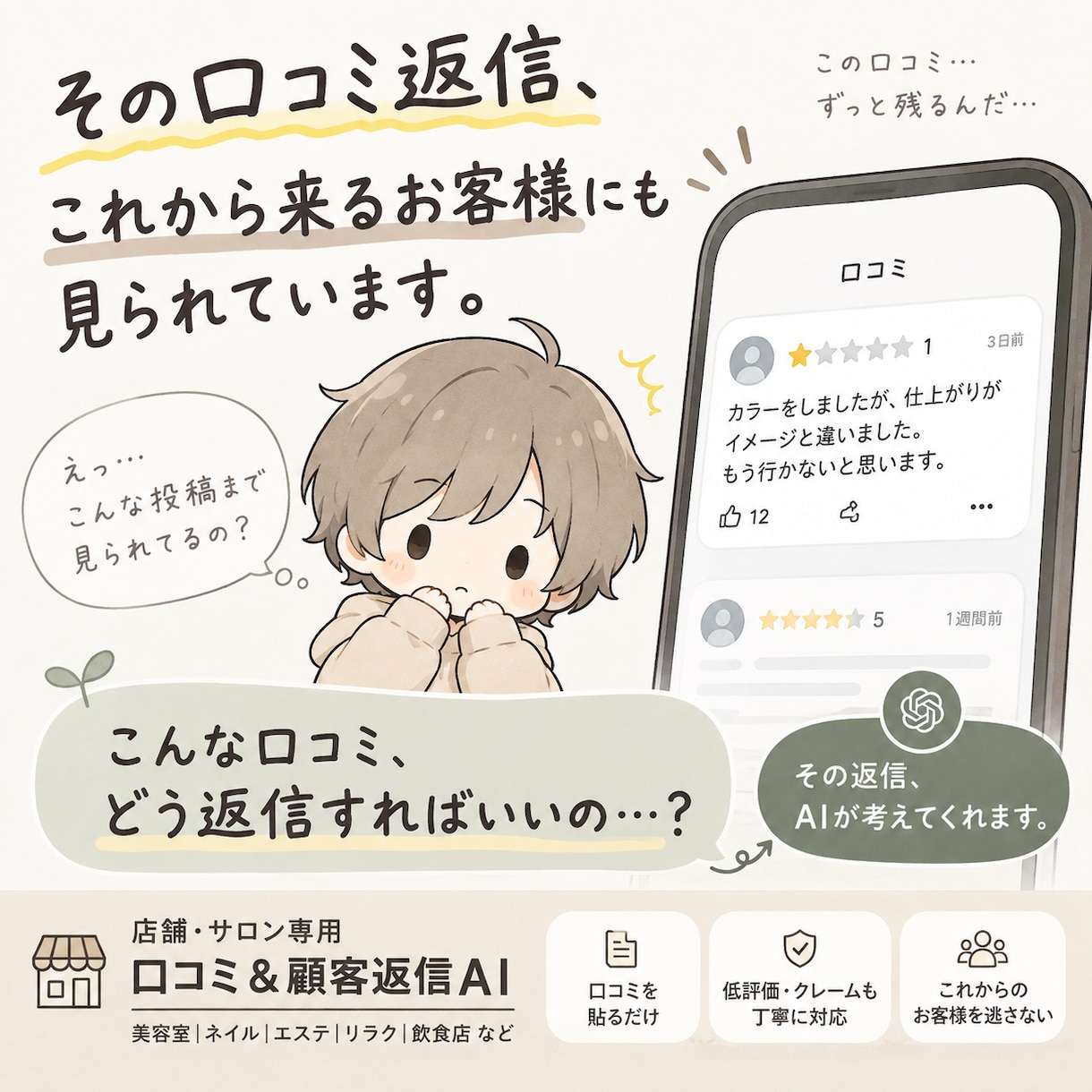 店舗・サロン専用の口コミ返信AIを提供します 口コミを貼るだけで状況に合わせた返信文を作成 イメージ1