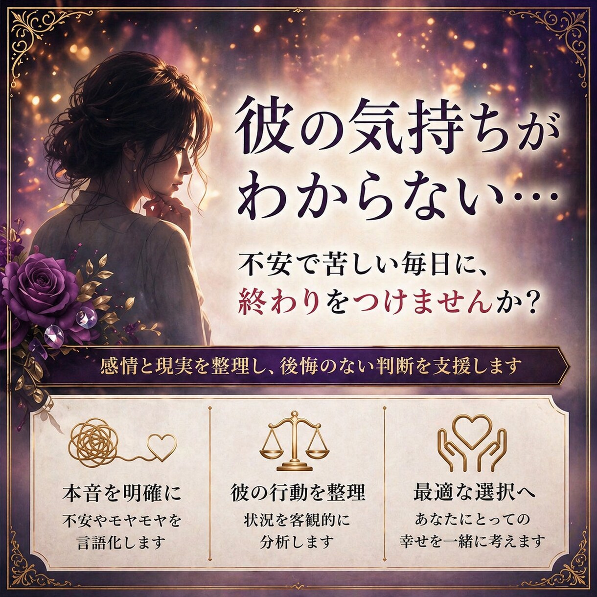 迷っているその恋愛に、後悔のない選択を導きます 別れと継続、どちらも後悔しない判断をサポートします。 イメージ5