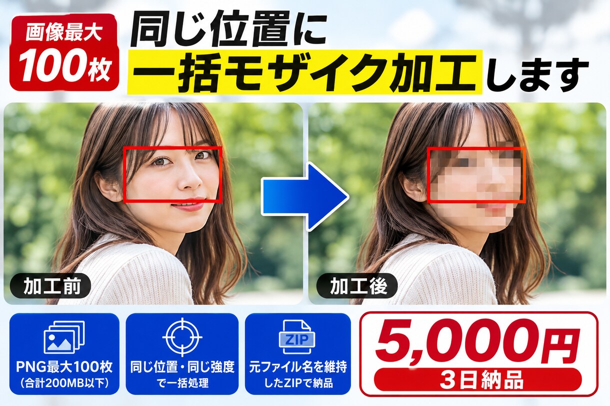 画像最大100枚の同じ位置を一括で目隠し加工します 4方式から選べる・最大100枚を同位置に一括加工 イメージ6
