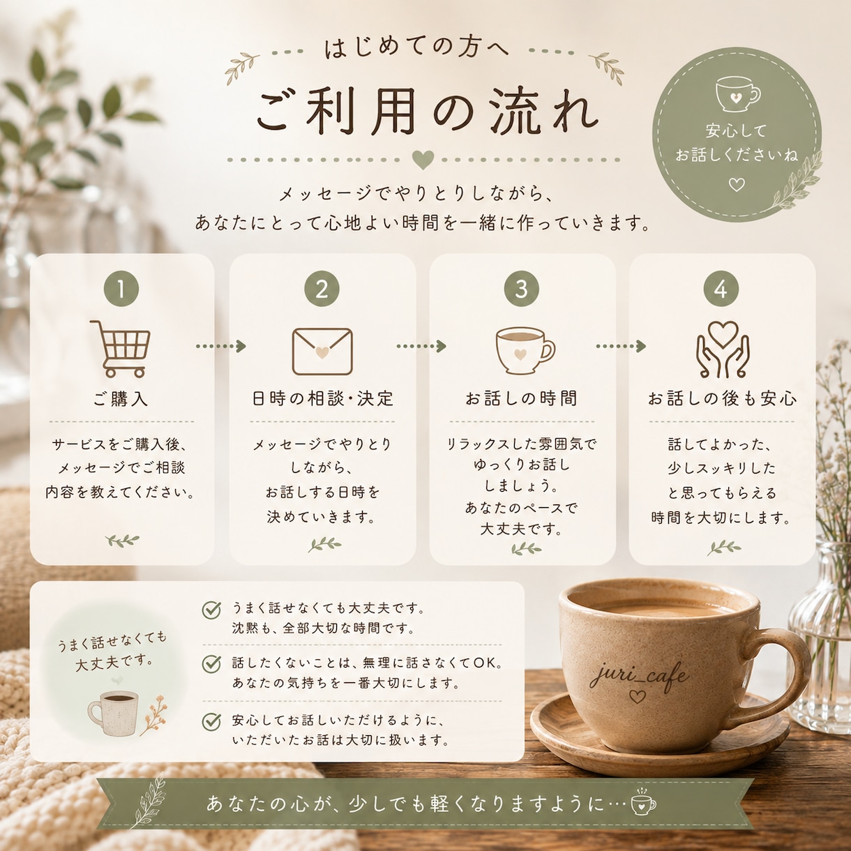 愚痴・悩み・雑談をゆっくりお聞きします あなたのペースで、ゆっくりお話を伺います イメージ2