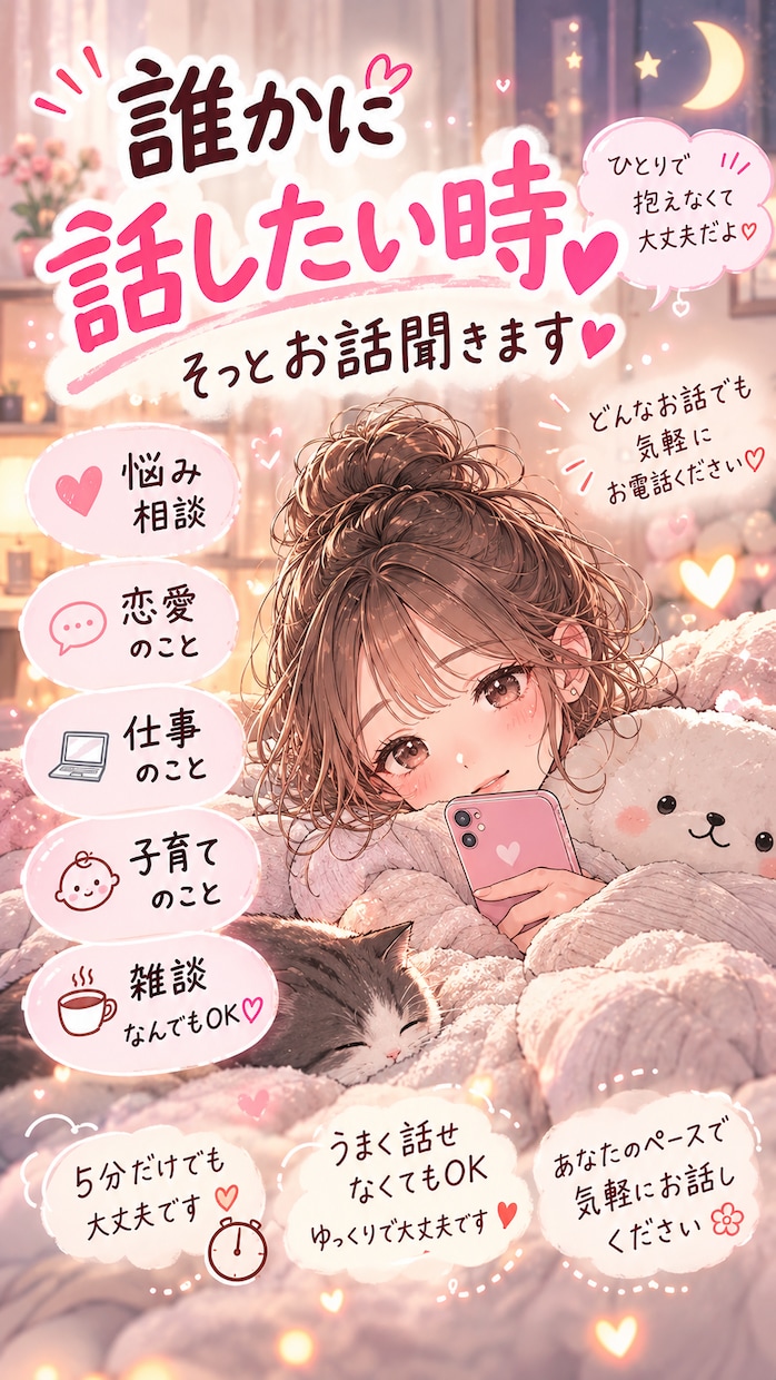 あなたのお話をゆっくりききます 誰かに聞いてほしいそんな時、あなたのお話相手になります イメージ1