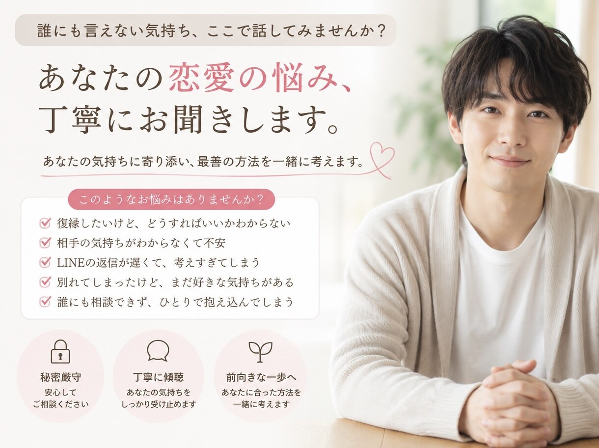 秘密厳守、恋愛の悩みを丁寧にお聞きします 復縁できる可能性を本音でお伝えします イメージ3